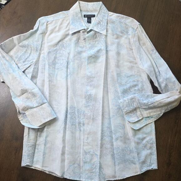 INC International Concepts men size XL long sleeve button up Blue floral linen - Picture 1 of 16